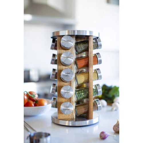  Orii 20 Jar Spice Organizer Rack in Natural Acacia Wood Filled with Spices - Rotating Standing Rack & Countertop Spice Rack Tower Organizer for Kitchen Spices, Free Spice Refills f