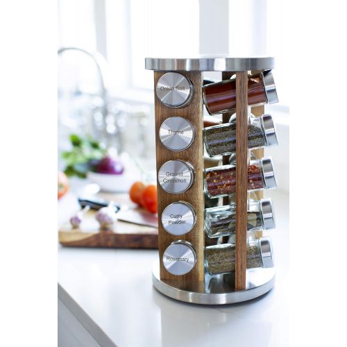  Orii 20 Jar Spice Organizer Rack in Natural Acacia Wood Filled with Spices - Rotating Standing Rack & Countertop Spice Rack Tower Organizer for Kitchen Spices, Free Spice Refills f
