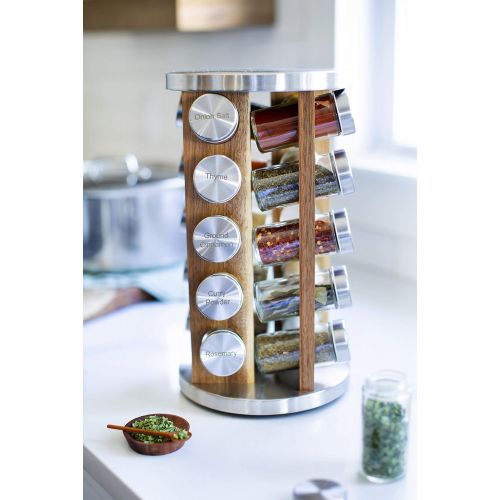  Orii 20 Jar Spice Organizer Rack in Natural Acacia Wood Filled with Spices - Rotating Standing Rack & Countertop Spice Rack Tower Organizer for Kitchen Spices, Free Spice Refills f