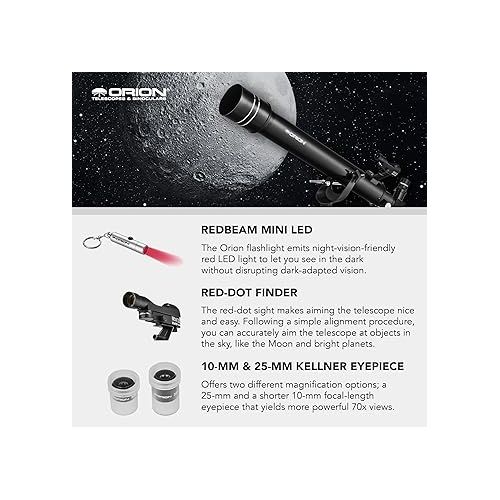  Orion Observer II 70mm Altazimuth Refractor Telescope Kit for Beginner Stargazing - Ideal First Telescope Kit with Eyepieces, Tripod and MoonMap