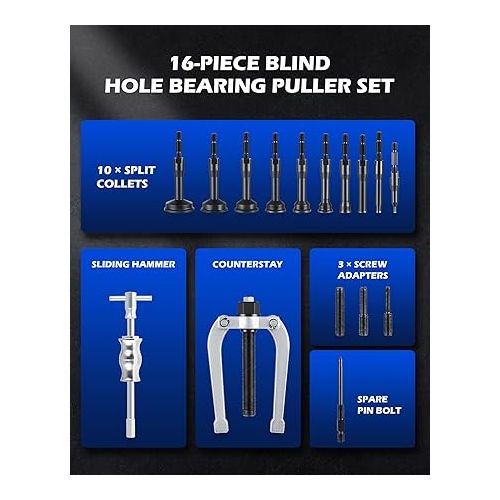  Orion Motor Tech Blind Hole Collet Bearing Race and Seal Puller Extractor Kit, Slide Hammer Pilot Insert Inner Internal Bearing Removal Tool Set, 16PCS