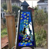 OrnatelyLanterns Moon & Stars Candle Lantern, Cat Lover Gift, Hand Painted Blue Turquoise Hanging Lamp, Cute Cat Couple in Night Sky, Glass Painting