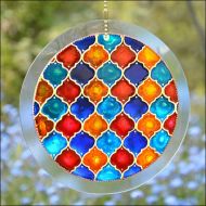 /OrnatelyLanterns Moroccan Tiles Hanging Suncatcher, Red Blue Light Catcher, Hanging Garden Ornament, Hand Painted Glass Circle Sun Catcher, Summer Gift
