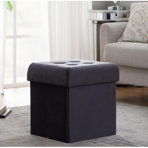  Ornavo Home Foldable Tufted Velvet Square Storage Ottoman Cube Foot Rest Stool/Seat - 15 x 15 x 15 (Grey Velvet)