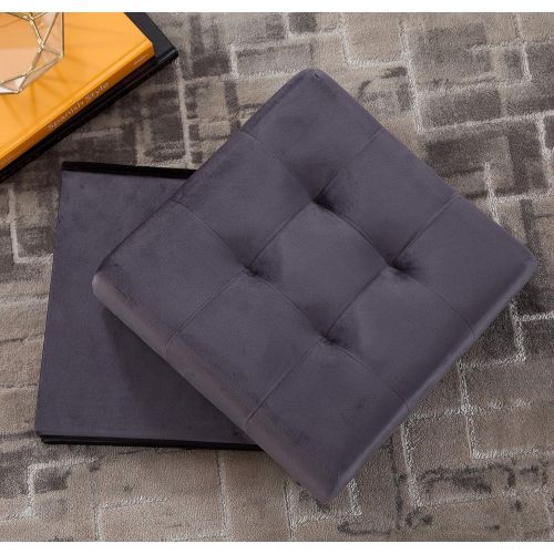  Ornavo Home Foldable Tufted Velvet Square Storage Ottoman Cube Foot Rest Stool/Seat - 15 x 15 x 15 (Grey Velvet)