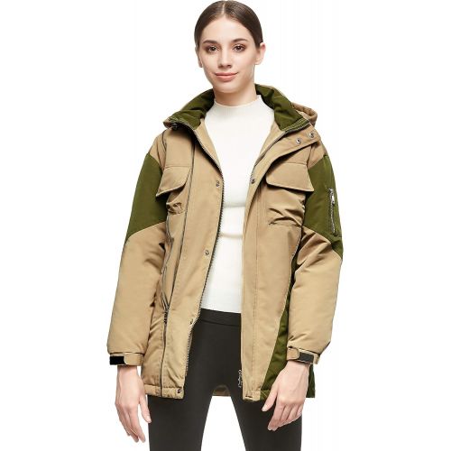  Orolay Women Warm Down Mid-Length Jacket with Hood Color Blocking Style Coat