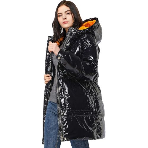  Orolay Womens Shiny Thickened Down Jacket Winter Long Coat Hooded Puffer Jacket