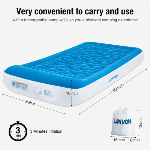  Orthopedic Lunvon Self Inflatable Pad Camping Air Mattress Twin Size Blow Up Bed with Built-in Pillow Anti-LeakageRaised Airbed with Rechargeable Pump for Home, Guest, Camping, Height 10, 2-Y