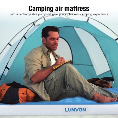  Orthopedic Lunvon Self Inflatable Pad Camping Air Mattress Twin Size Blow Up Bed with Built-in Pillow Anti-LeakageRaised Airbed with Rechargeable Pump for Home, Guest, Camping, Height 10, 2-Y
