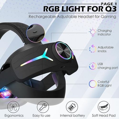  Orzero Head Strap Accessories Compatible for Quest 3 with Extended 8000mah Battery Pack, Fast Charging 9V 2A Extended Gaming Time with RGB Light - Black