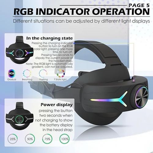  Orzero Head Strap Accessories Compatible for Quest 3 with Extended 8000mah Battery Pack, Fast Charging 9V 2A Extended Gaming Time with RGB Light - Black