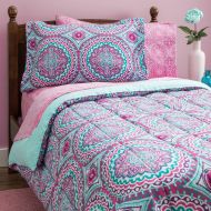 Os 8 Piece Girls Hippie Comforter Twin Set, Multi Floral Bohemian Bedding, Teal Blue Purple Pink Floral Prints, Indie Inspired Hippy Spirit, Damask Flowers, Geometric Accents, Beautif