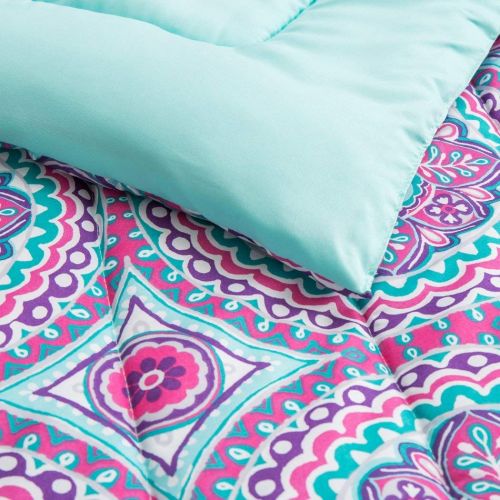  Os 8 Piece Girls Hippie Comforter Twin Set, Multi Floral Bohemian Bedding, Teal Blue Purple Pink Floral Prints, Indie Inspired Hippy Spirit, Damask Flowers, Geometric Accents, Beautif