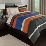 Os 7 Piece Boys Queen Rugby Stripes Bed in a Bag Comforter Set with Sheet Set, Orange Blue White Black Striped Pattern, Beautiful Colors
