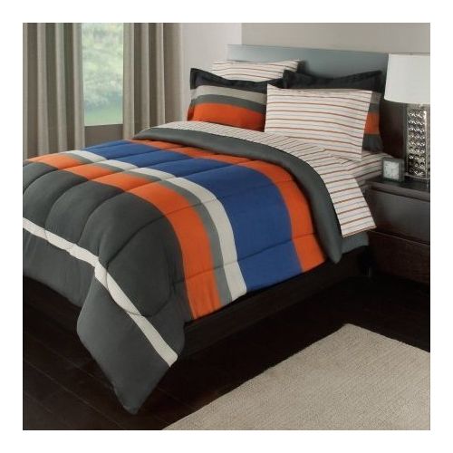  Os 7 Piece Boys Queen Rugby Stripes Bed in a Bag Comforter Set with Sheet Set, Orange Blue White Black Striped Pattern, Beautiful Colors