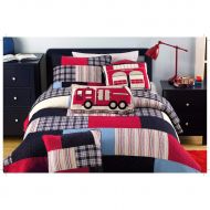 Os 3 Piece Fireman Color Quilt Set, This Fireman Bedding Collection Features Plaid Accents - Boys Blue, Red & Multi Color Rainbow Fire Truck Themed Bedding! Queen Size - Firefighter C