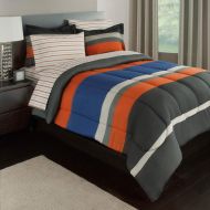 Os 5 Piece Boys Twin Xl Rugby Stripes Bed in a Bag Comforter Set with Sheet Set, Orange Blue White Black Striped Pattern, Beautiful Colors