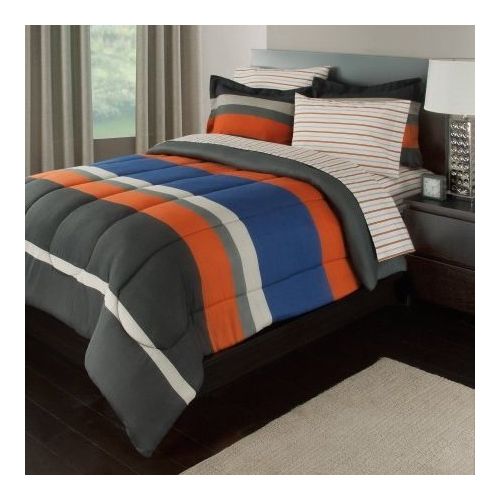  Os 5 Piece Boys Twin Xl Rugby Stripes Bed in a Bag Comforter Set with Sheet Set, Orange Blue White Black Striped Pattern, Beautiful Colors