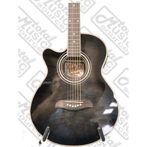  Left Hand Oscar Schmidt Acoustic Electric Concert Folk Size Guitar, Trans Black, Lefty