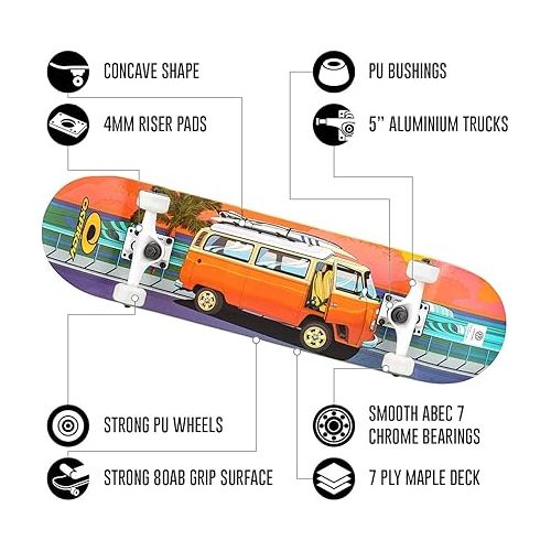 Osprey Volkswagen Professional Skateboard| for Beginners, 31 Inch Double Kick Concave Adult Skateboard with ABEC 7 Bearings - 220lbs Max User Weight- Official VW Designs
