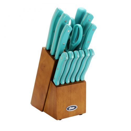  Oster Evansville 14 piece Stainless Steel Cutlery Set with Turquoise Plastic Handle and Black Rubber Wood Block