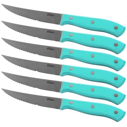  Oster Evansville 14 piece Stainless Steel Cutlery Set with Turquoise Plastic Handle and Black Rubber Wood Block