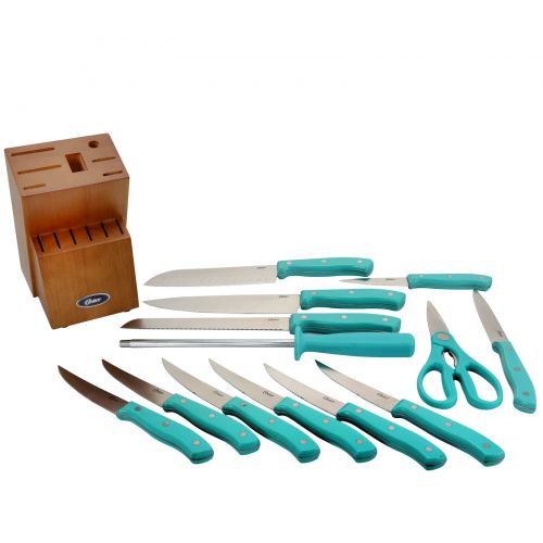  Oster Evansville 14 piece Stainless Steel Cutlery Set with Turquoise Plastic Handle and Black Rubber Wood Block