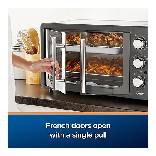  Oster Extra-Large French Door Air Fryer Countertop Oven, Stainless Steel, 60-Min Timer, 6 Cooking Functions, Versatile Accessories, Reduces Energy and Cooking Time
