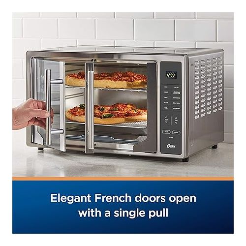  Oster Air Fryer Oven, 10-in-1 Countertop Toaster, Large Enough for 2 Pizzas, Stainless Steel French Doors, XL Sized