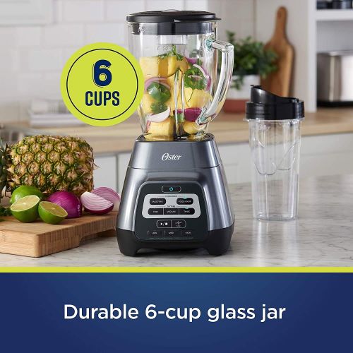  Oster Master Series Blender with Texture Select Settings, Blend-N-Go Cup and Glass Jar, Grey, 6 Cups