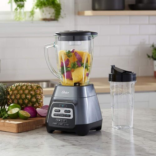  Oster Master Series Blender with Texture Select Settings, Blend-N-Go Cup and Glass Jar, Grey, 6 Cups