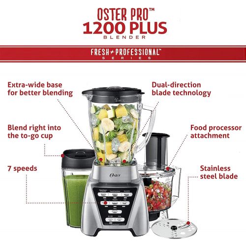  Oster Blender Pro 1200 with Glass Jar, 24-Ounce Smoothie Cup and Food Processor Attachment, Brushed Nickel - BLSTMB-CBF-000