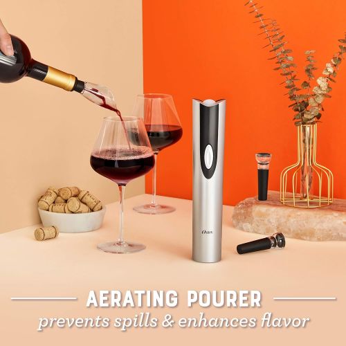  Oster 4-in-1 Wine Savoring Experience with Cordless Electric Wine Opener Wine Kit with Rechargeable Wine Bottle Opener, Wine Pourer, Vacuum Wine Stoppers, and Foil Cutter, Black