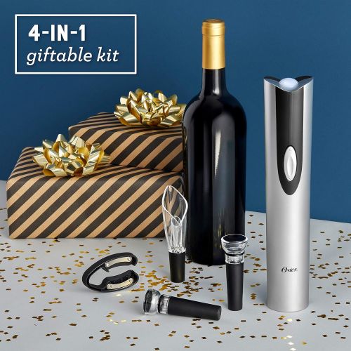  Oster 4-in-1 Wine Savoring Experience with Cordless Electric Wine Opener Wine Kit with Rechargeable Wine Bottle Opener, Wine Pourer, Vacuum Wine Stoppers, and Foil Cutter, Black