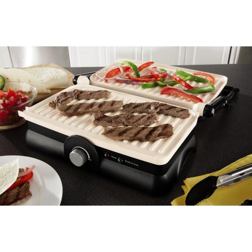  Oster Titanium-Infused DuraCeramic 2-in-1 Panini Maker and Grill, Black with White Griddles (CKSTPM20W-TECO)