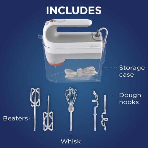  Oster 270-Watt Hand Mixer with HEATSOFT Technology and Whisk, Dough Hooks, and Storage Case