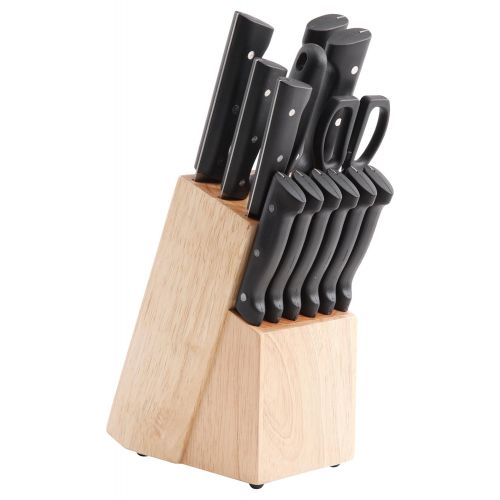  Oster 109406.14 Forsett 14 Piece Cutlery Set with , Mirror Polish Stainless Steel with Pinewood Block - Features Black Handles with ABS 3 Rivets