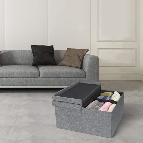  Otto & Ben 30 Storage Ottoman - Folding Toy Box Chest with Smart Lift Top, Linen Fabric Ottomans Bench Foot Rest for Bedroom, Light Grey