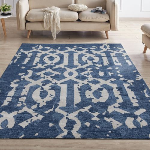  Ottomanson Hampton Collection Distressed Morrocan Trellis Design Hand-Tufted Wool Rug, 5 X 7, Navy