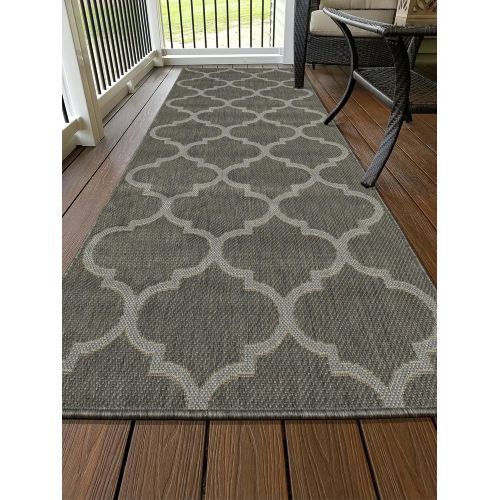  Ottomanson Jardin Collection Dark Grey Trellis Indoor/Outdoor Jute Backing Area Rug, 27 X 70, Dark Grey