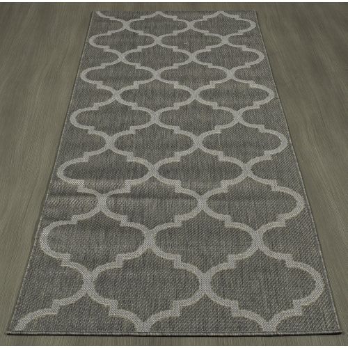  Ottomanson Jardin Collection Dark Grey Trellis Indoor/Outdoor Jute Backing Area Rug, 27 X 70, Dark Grey