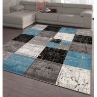 Ottomanson City Collection Contemporary Sculpted Effect Faded Geometric Checkered Blue Grey Black Area Rug - 5x7 (53 x 73)