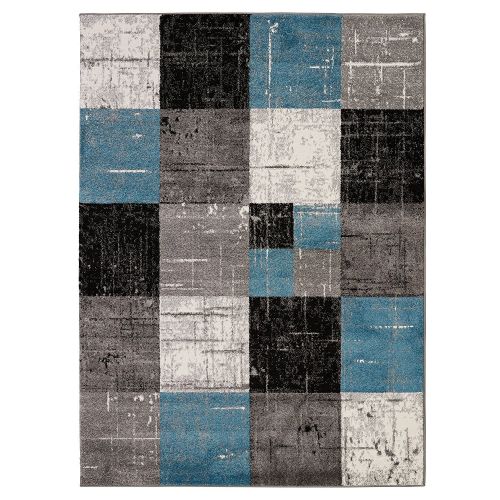  Ottomanson City Collection Contemporary Sculpted Effect Faded Geometric Checkered Blue Grey Black Area Rug - 5x7 (53 x 73)