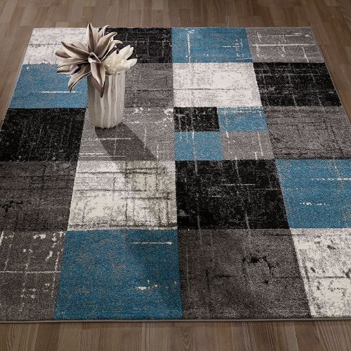  Ottomanson City Collection Contemporary Sculpted Effect Faded Geometric Checkered Blue Grey Black Area Rug - 5x7 (53 x 73)