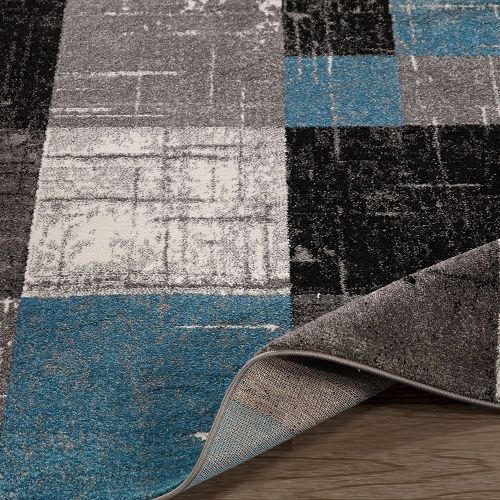  Ottomanson City Collection Contemporary Sculpted Effect Faded Geometric Checkered Blue Grey Black Area Rug - 5x7 (53 x 73)