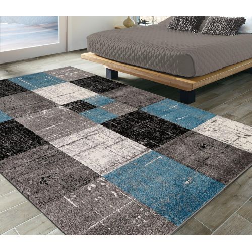  Ottomanson City Collection Contemporary Sculpted Effect Faded Geometric Checkered Blue Grey Black Area Rug - 5x7 (53 x 73)