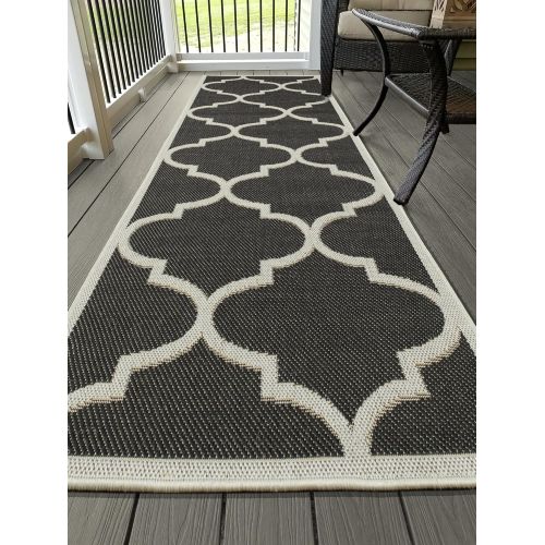  Ottomanson Jardin Collection Black Morroccan Trellis Indoor/Outdoor Runner Jute Backing Runner Rug, 27 X 70, Black