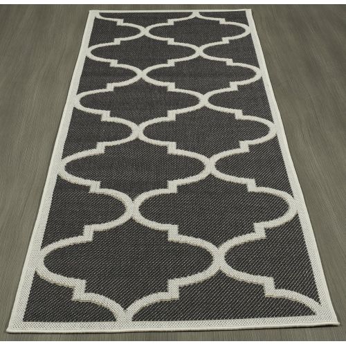  Ottomanson Jardin Collection Black Morroccan Trellis Indoor/Outdoor Runner Jute Backing Runner Rug, 27 X 70, Black