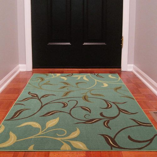  Ottomanson Ottohome Contemporary Leaves Design Modern Area Rug with Non-SkidRubber Backing, Sage Green/Aqua Blue, 33 L x 50 W