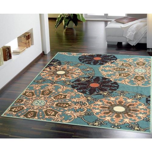  Ottomanson Ottohome Collection Sage Green/Aqua Blue Damask Design Area Rug (33 x50) with Non-Skid (Non-Slip) Rubber Backing